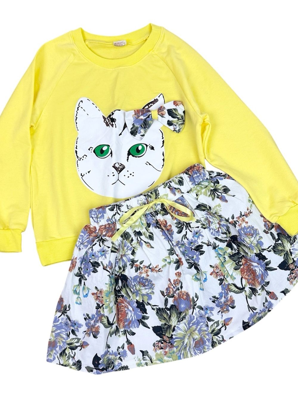 Girls Outfit Yellow Sweatshirt & Floral Skirt Set with Cat Graphic